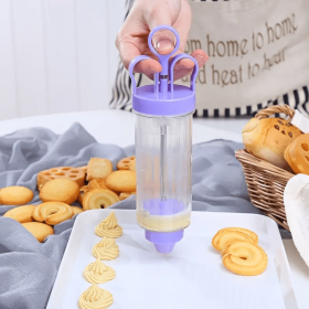 1pc Cookie Press; Clear Cookie Press Gun Kit; Multifunctional Cake Piping Gun; Cookie Press For Baking With Discs And Nozzles; Cookie Gun Press (Color: Purple)