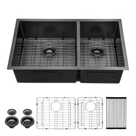 Lordear 33 Inch Undermount Kitchen Sink Double Bowl 16 Gauge Stainless Steel Gunmetal Black Sink (Design: 60/40)