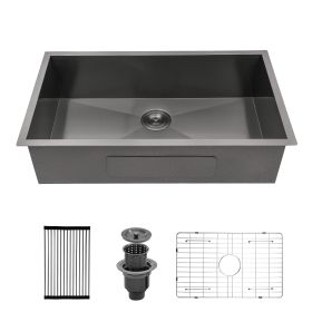 33 Inch Undermount Kitchen Sink Single Bowl 18 Gauge Gunmetal Black Stainless Steel Sink (size: 33)