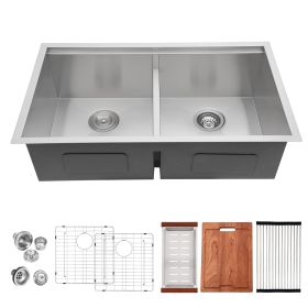 Lordear 33 Inch Undermount Workstation Sink Double Bowl 16 Gauge Stainless Steel Low Divide Kitchen Sink (size: 33-5/5)