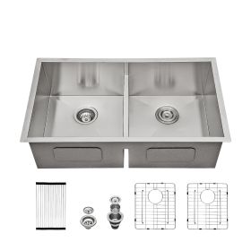 Lordear 33 Inch Undermount Sink Double Bowl 16 Gauge Stainless Steel Low Divide Kitchen Sink (size: 33-5/5)